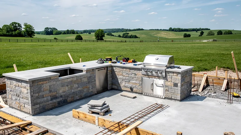 Outdoor kitchen construction on a spacious rural-style property in Kingsville, MO