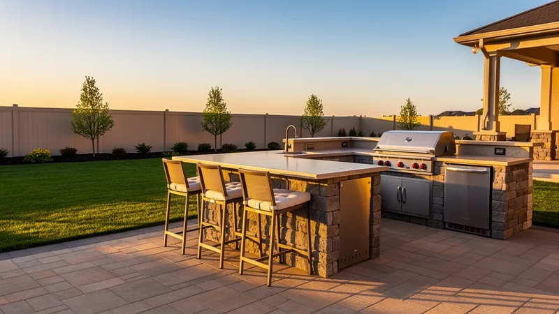 Full outdoor kitchen with bar seating on a suburban patio near Knob Noster, MO