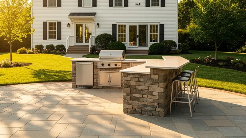 New outdoor kitchen with built-in grill island on a patio in Warrensburg, MO